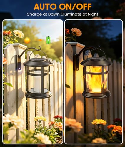 Solar Lanterns Outdoor Waterproof, 4 Pack Upgraded Flickering Flame Hanging Solar Lights, Solar Powered Decorative Lanterns for Garden Patio Porch Table Decor Gifts