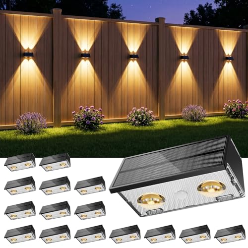 Bridika Solar Fence Lights Outdoor, 16 Pack Up and Down Wall Light, 8 Colors Lens LED Dusk to Dawn Solar Lights Outdoor Waterproof for Patio, Deck, Backyard, Garden Black