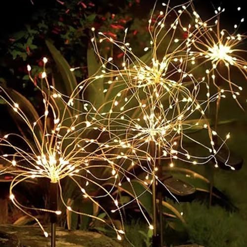 Hyuduo Solar Garden Firework Lights, 34.6 Inch, IP65 Waterproof, 8 Lighting Modes, ABS Material, Warm Light, Decorative Outdoor Stakes for Yard, Wedding, Patio
