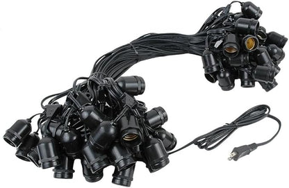 Novelty Lights 100 Feet Heavy Duty Light String with 50 Suspended E26 Sockets, Black Wire PVC Commercial Grade Stringer, 24" Spacing, Non-Connectable, No Bulbs