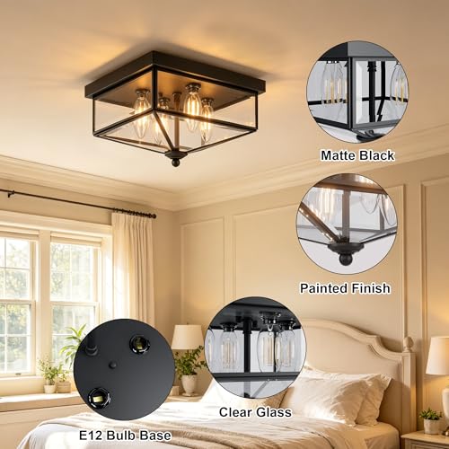 Kalium Farmhouse Style Square Flush Mount Ceiling Light, 4-Light Modern.