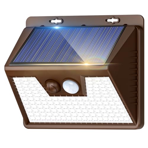 kolpop Solar Lights Outdoor 1 Pack, 140LED/3 Modes Motion Sensor Lights Solar Powered, Wireless IP65 Waterproof Wall Lights Outdoor Lights, Bright for Deck Fence Patio Front Door, White Light (Brown)