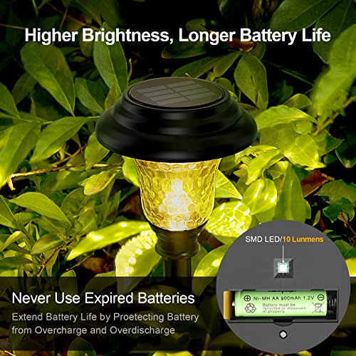 Glass Solar Lights Outdoor waterproof, 2 Pack Super Bright Solar Pathway Lights, Up to 12 Hrs Long Last Auto On/Off Garden Lights Solar Powered, Stainless Steel LED Light For Yard Landscape Warm White