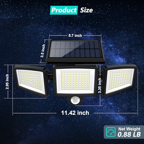 Tuffenough Solar Outdoor Lights 2500LM 210 LED Security Lights with Remote Control,3 Heads Motion Sensor Lights, IP65 Waterproof,270° Wide Angle Flood Wall Lights with 3 Modes(4 Pack)