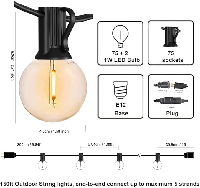 SUFEIMAS 150FT 75 Sockets G40 Globe String Lights and 100FT 30 Sockets S14 Outdoor String Lights