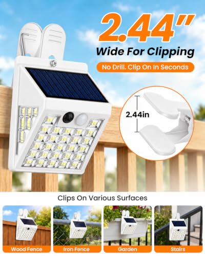 Clip On Solar Lights Outdoor,Motion Sensor Outdoor Lights, 72LEDs 600LM Clip on Solar Fence Lights Outdoor Waterproof LED,Solar Lights for Wall Fence,Deck, Gutter,Camping (2, White)
