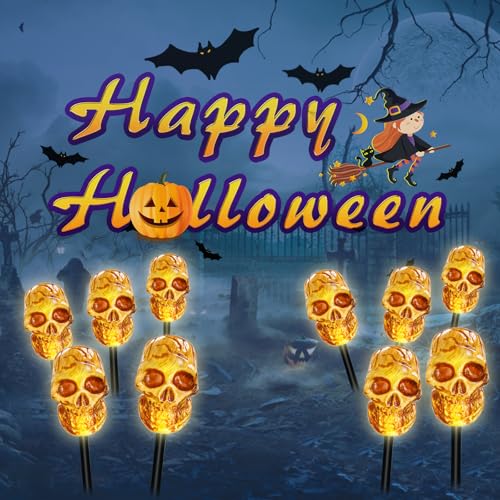 BRIGHTDECK Halloween Solar Pathway Lights Outdoor, LED Decor, Light Up Solar Stake Lights for Holiday, Halloween, Walkway, Sidewalk (Skull, 10-Pack)