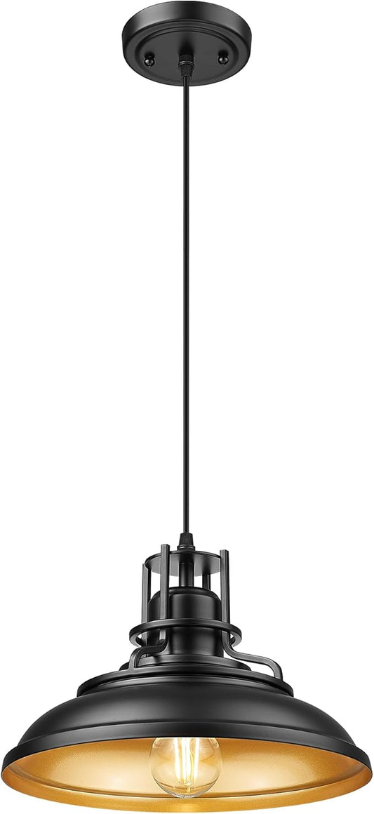 FEMILA Black & Gold Pendant Lights for Kitchen Island, 12" Farmhouse Pendant Light Fixture, Adjustable Hanging Barn Lights Outdoor for Dining Room, Entryway, 4FY15-MP BK-1