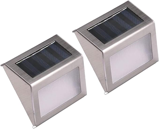 2pcs Solar Powered 3-LED Stair Lights Outdoor Waterproof Stainless Steel Wall Lamp for Fence Patio Steps, White Light, Solar LED Step Lighting for Garden Pathway