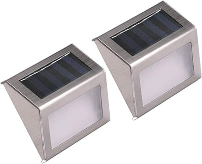 2pcs Solar Powered 3-LED Stair Lights Outdoor Waterproof Stainless Steel Wall Lamp for Fence Patio Steps, White Light, Solar LED Step Lighting for Garden Pathway