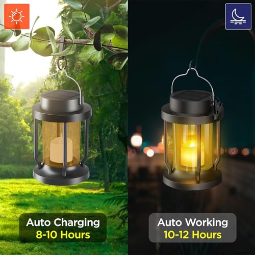 Solar Lantern Outdoor & Indoor Use – Hanging Solar Lights with Realistic Flickering Flameless Candle, Weatherproof for Gardens, Patios, Trees, and Lawns (Black + Amber, 1 Pack)