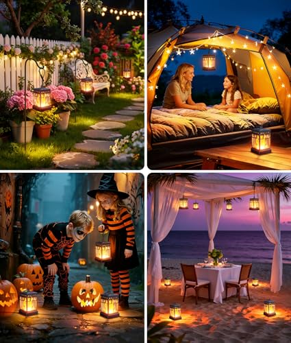 KOOPER Hanging Solar Lanterns Outdoor Waterproof, 4PCS Flickering Flame Hanging Solar Lights for Outside, Outdoor Solar Lanterns up to 12 Hours, Halloween Lanterns Decorative for Patio Yard Garden