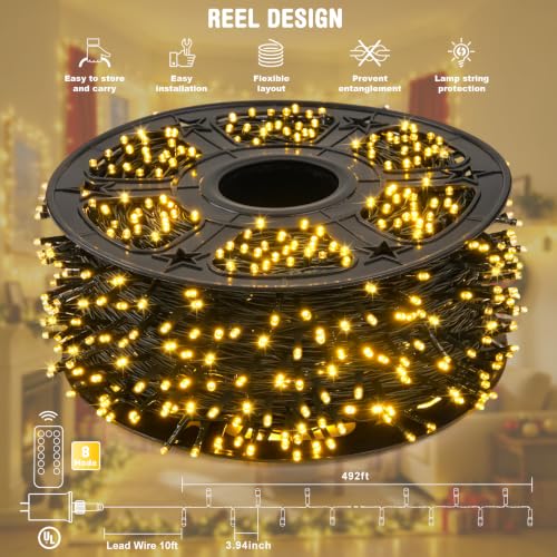 JMEXSUSS 502ft 1500 LED Christmas Lights Outdoor with Remote, Warm White