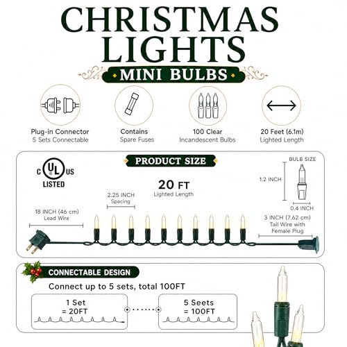 TW SHINE Warm White Christmas Lights Outdoor, 20FT 100 Count Incandescent Christmas Light Indoor, Waterproof Christmas Tree String Lights for Xmas Decorations