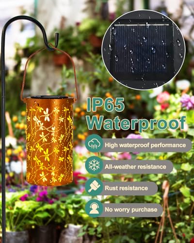 DIBIEECN Birthday Gifts for Women Mom Grandma Wife, Solar Lanterns Outdoor Waterproof, Metal Hanging Lights Garden Decor, LED Decorative Lantern for Patio Porch Backyard, Dragonfly, 2Pack