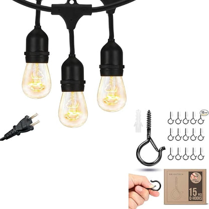 Brightech Bundle: Waterproof LED Outdoor String Lights Hanging, Dimmable 11W Bulbs - 24 Ft + String Light Screw Hooks - 15 Pack, Black