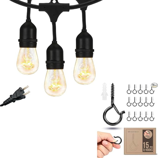 Brightech Bundle: Waterproof LED Outdoor String Lights Hanging, Dimmable 11W Bulbs - 24 Ft + String Light Screw Hooks - 15 Pack, Black
