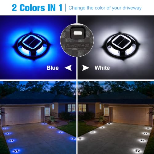VOLISUN Solar Driveway Lights Dock Marine Lights 4 Pack,2 Colors in 1,Outdoor LED Deck Lights,Solar Powered Waterproof Warning Step Lights for Driveway Sidewalk Pathway (Blue/White)