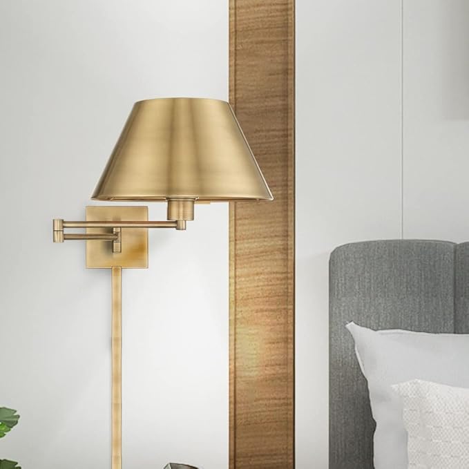 Livex Lighting 40030-01 25" One Light Swing Arm Wall Mount, Antique Brass Finish with Satin Brass Metal Shade | Lumora