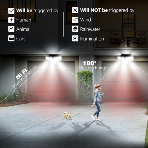 Solar Lights Outdoor 2 Pack, 300 LED Motion Sensor Lights, 4 Heads, IP65