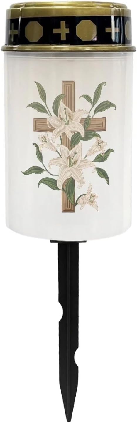 Cross Lilie Cemetery Lights for Grave Solar Waterproof Led Solar Lights for Outside Solar Cross Cemetery Grave Cemetery Candle Holder for Grave Cemetery Light Blessed Candles