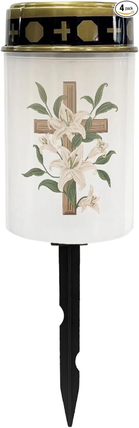 Cross Lilie Cemetery Lights for Grave Solar Waterproof Led Solar Lights for Outside Solar Cross Cemetery Grave Cemetery Candle Holder for Grave Cemetery Light Blessed Candles