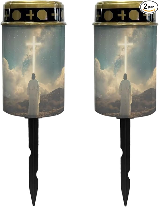 Poceacles 2 Pack Cross Solar Lights Waterproof Solar Garden Lights Cemetery Solar Outdoor Lights Outdoor Stake Automatic Solar Lantern for Cemetery Grave Decoration, God Cross Galaxy Blue