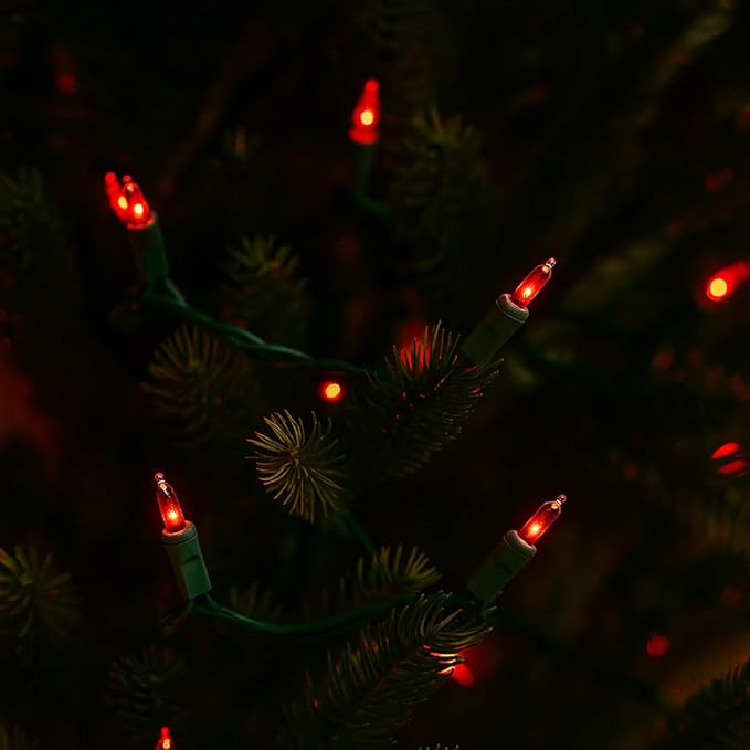 Novelty Lights 50 Feet 100 Bulbs Traditional Incandescent Mini Lights, Red on Green Wire with 6" Spacing, Commercial Grade and UL Listed for Indoor/Outdoor Use, End-to-End Connectable