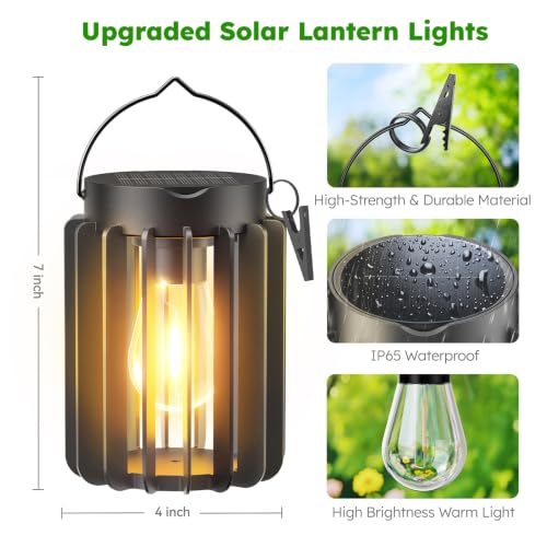 2 Pack Solar Lanterns Outdoor Waterproof, Retro Hanging Lantern, Black