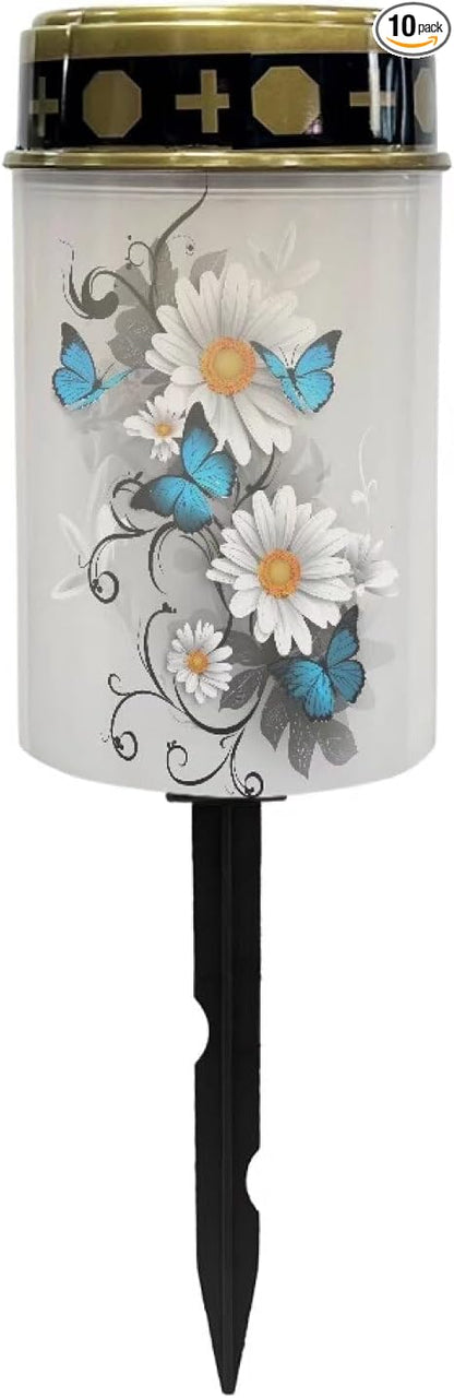 White Floral Pathway Lights Solar Powered Waterproof Solar Lights for Cemetery Outdoor Memorial Garden Stake Lights for Grave Cemetery Garden Decor Memorial Light Grav Lamp