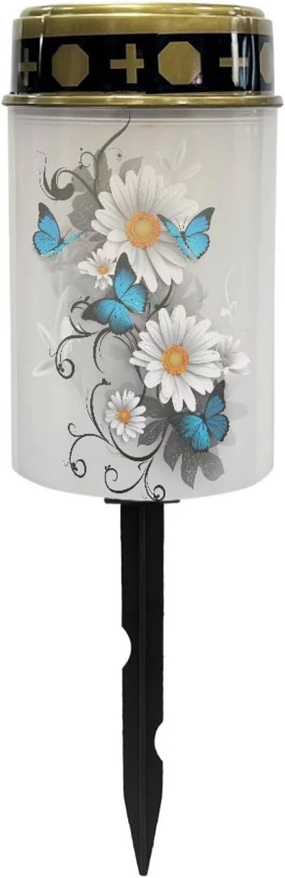 White Floral Pathway Lights Solar Powered Waterproof Solar Lights for Cemetery Outdoor Memorial Garden Stake Lights for Grave Cemetery Garden Decor Memorial Light Grav Lamp