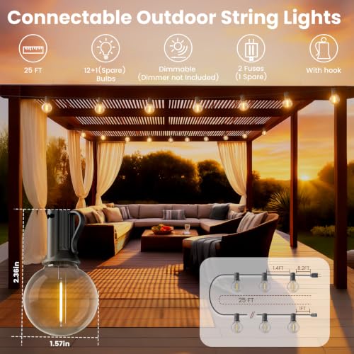RTTY Outdoor String Lights 25 FT Waterproof, Patio Light 13 G40 LED Bulbs