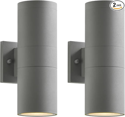 mirrea Modern Outdoor Porch Light Patio Light in 2 Lights with Aluminum Cylinder and Tempered Glass Cover Waterproof Wall Sconce 2 Pack (Metallic Gray)