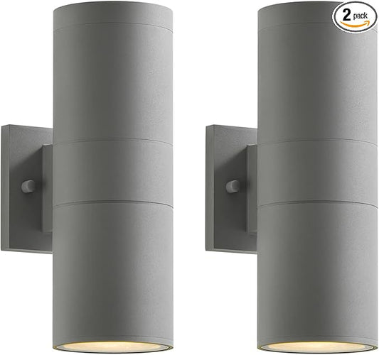 mirrea Modern Outdoor Porch Light Patio Light in 2 Lights with Aluminum Cylinder and Tempered Glass Cover Waterproof Wall Sconce 2 Pack (Metallic Gray)