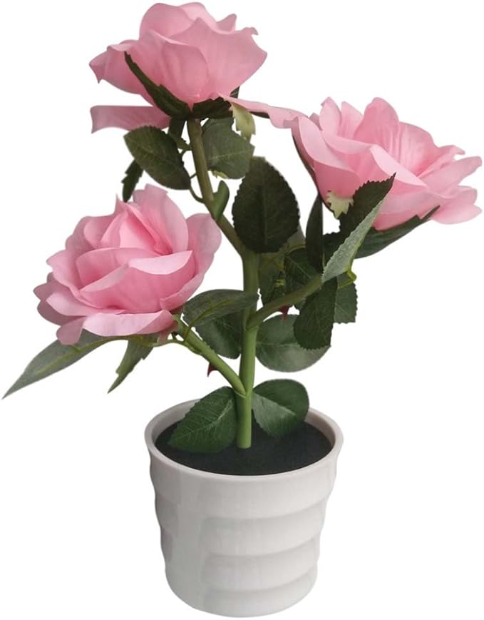LED Solar Power Decorative Artificial Rose Flower Pot Plant Landscape Light Night Lamp Outdoor Garden Yard Pathway Lawn Grassland Pink