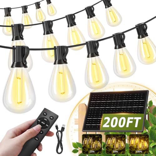 200FT Solar String Lights Outdoor Waterproof 72+2 LED Bulbs, Solar Powered with Remote & USB Port, 3 Light Modes Dimmable Patio Lights for Large Backyard, Garden, Party