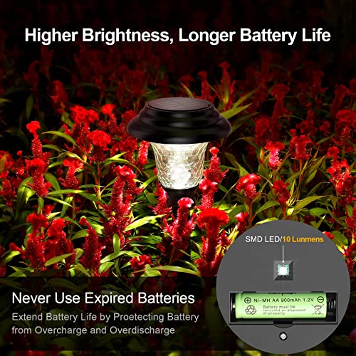 Glass Solar Lights Outdoor waterproof, 2 Pack Super Bright Solar Pathway Lights, Up to 12 Hrs Long Last Auto On/Off Garden Lights Solar Powered, Stainless Steel LED Light For Yard Landscape Cool White