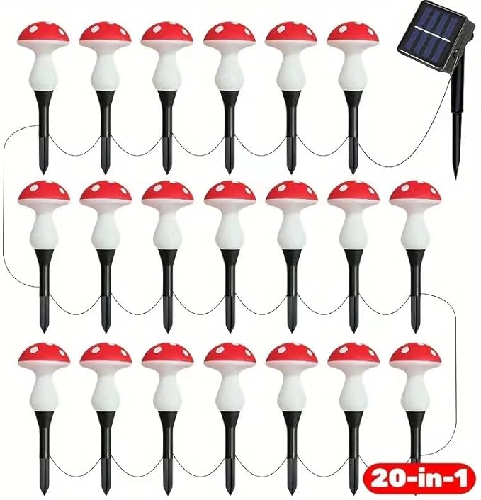 20 Pack LED Outdoor Solar Ground Plug-in red Color Mini Mushroom Warm Lights, Waterproof Solar Courtyard Decoration Cute Little Mushroom Light, with 8 Lighting Modes.