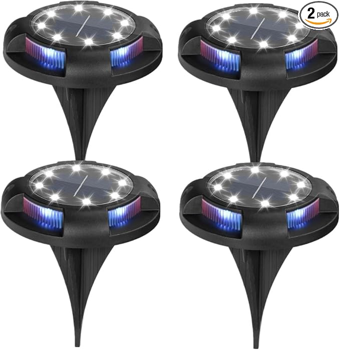4 Packs Solar Lights Outdoor Garden Ground Lights IP44 Waterproof Solar Powered Pathway Deck Light for Lawn Walkway Yard (Cold 8Leds+Color 4Leds)