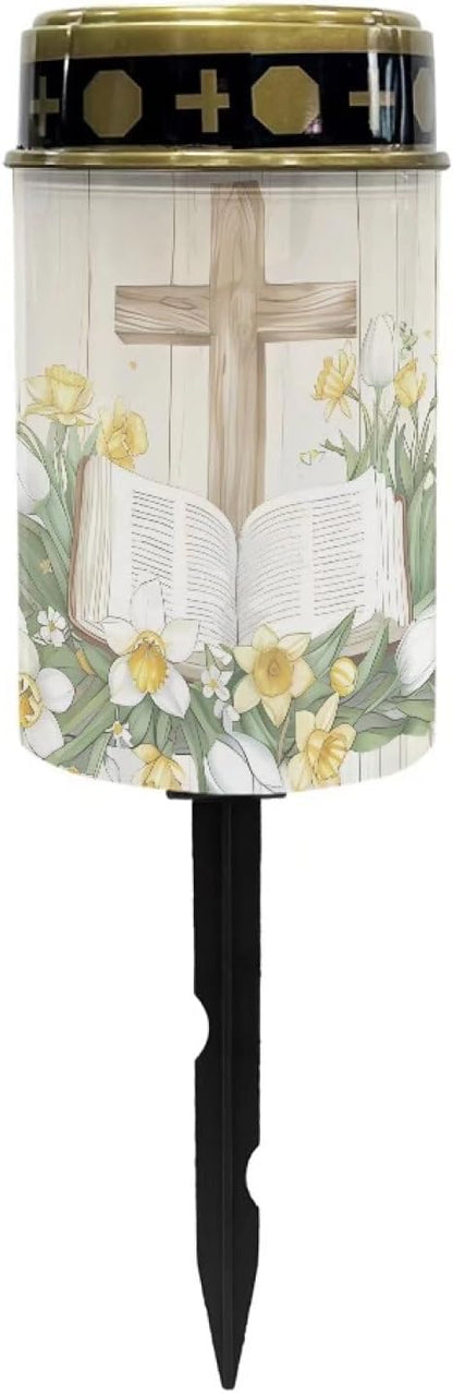 Cross Bible Solar Lights for Grave Solar Led Lights for Outside Waterproof Landscape Lights Cross Candle Holder for Cemetery Prayer Signs Solar Light Grave Garden Lawn Patio Yard Decor