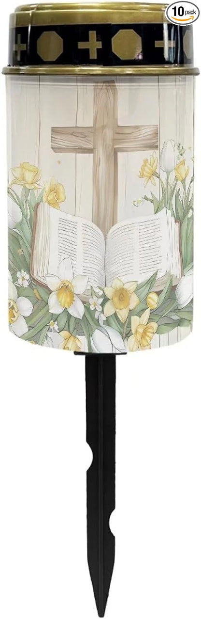 Cross Bible Solar Lights for Grave Solar Led Lights for Outside Waterproof Landscape Lights Cross Candle Holder for Cemetery Prayer Signs Solar Light Grave Garden Lawn Patio Yard Decor