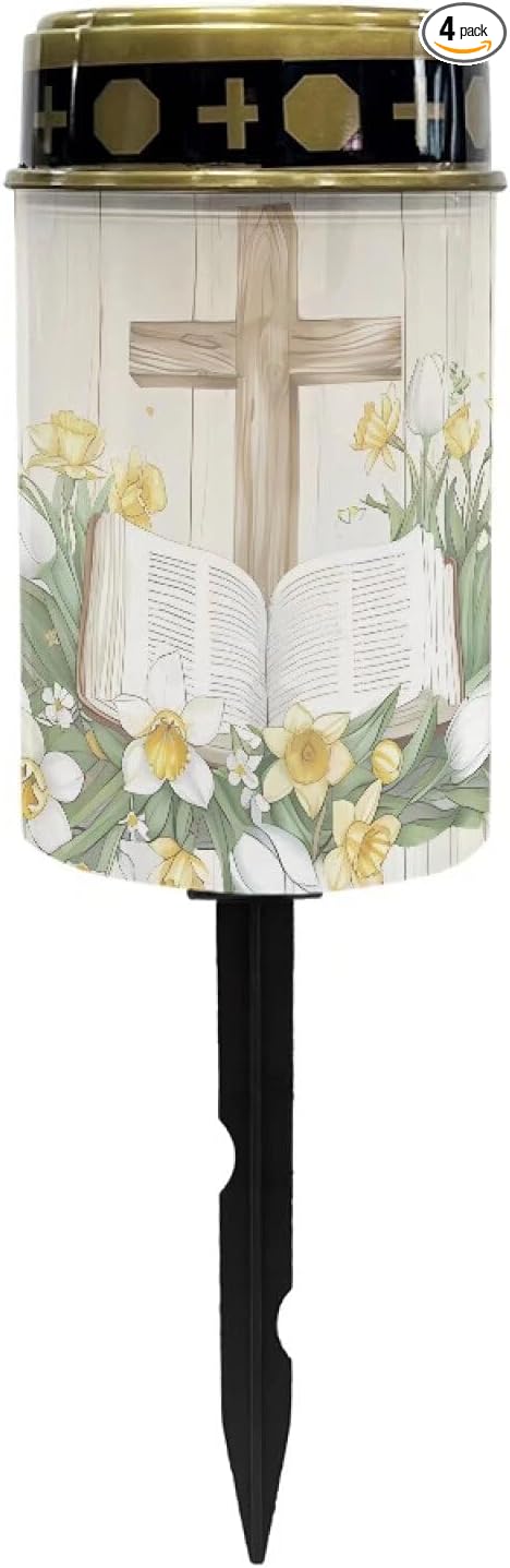 Cross Bible Solar Lights for Grave Solar Led Lights for Outside Waterproof Landscape Lights Cross Candle Holder for Cemetery Prayer Signs Solar Light Grave Garden Lawn Patio Yard Decor