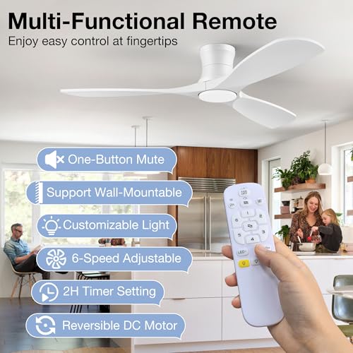 52 Inch Wood Low Profile Ceiling Fans with Lights Remote,Flush Mount,White