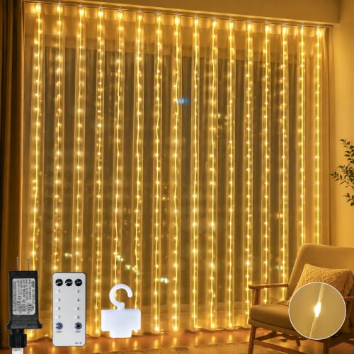 suddus Tangle-Free Curtain Lights,200 LED 6.5x6.5ft Hanging Lights with Hooks, Curtain Lights for Bedroom,Christmas, Dorm, Wall, Backdrop, Window, Wedding, Party, Birthday Decor, Warm White
