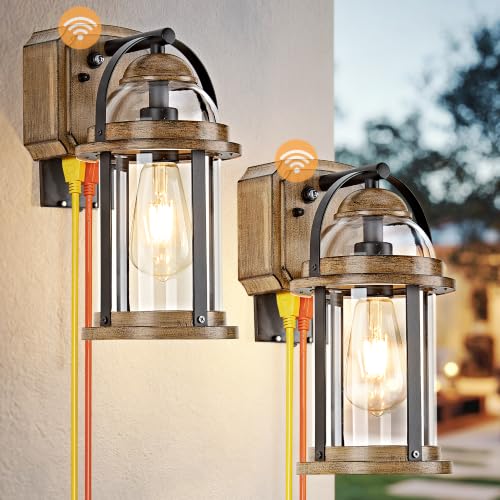 Dusk to Dawn Outdoor Wall Lights with GFCI Outlet, Waterproof Rustic Farmhouse Wall Lanterns with Clear Glass Shades, Anti-Rust Outside Fixture Lights for Garage Patio Porch, Wood Grain, 2 Pack