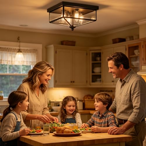Kalium Farmhouse Style Square Flush Mount Ceiling Light, 4-Light Modern.
