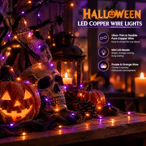 Dazzle Bright Halloween Fairy String Lights, 20FT 60 LED Copper Wire Battery Operated Waterproof Lights, Halloween Decorations for Indoor Home Outdoor Patio Yard Party Decor (Purple and Orange)