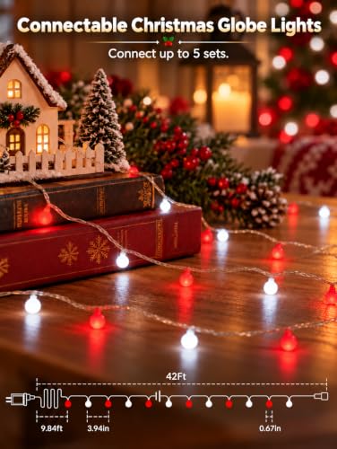 Connectable 100LED 43FT Red and White Christmas String Lights Indoor