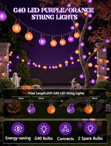 Orange and Purple Halloween Lights Outdoor, 25Ft 27 G40 Shatterproof Bulbs