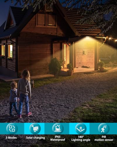 Solar Lights Outdoor 1 Pack, 140LED/3 Modes Motion Sensor Lights Solar Powered, Wireless IP65 Waterproof Solar Wall Lights Outdoor Lights, Bright for Deck Fence Patio Front Door, Warm Light (White)